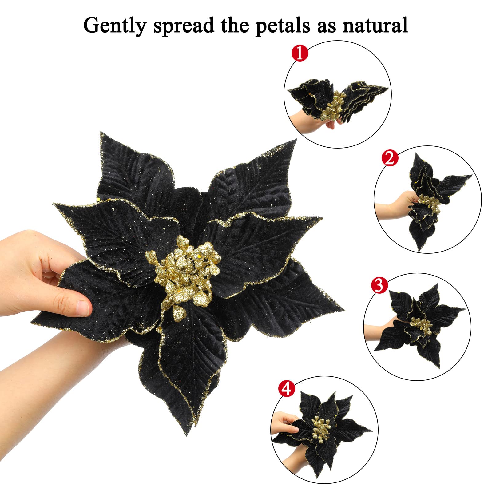 SHACOS 10 pcs 9.8" Large Glitter Poinsettia Flowers Stems Clips Velvet Fabric Floral Picks Christmas Flowers Christmas Tree Ornaments Wreath Garland Decoration, Black - Image 3