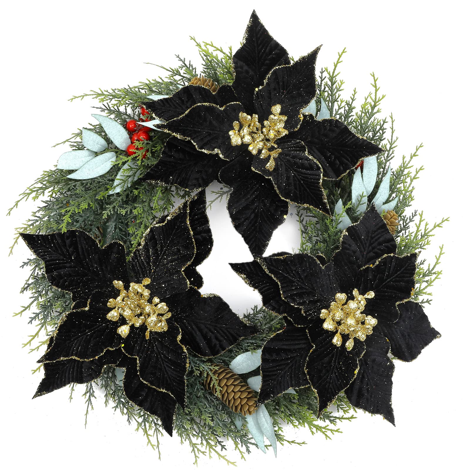 SHACOS 10 pcs 9.8" Large Glitter Poinsettia Flowers Stems Clips Velvet Fabric Floral Picks Christmas Flowers Christmas Tree Ornaments Wreath Garland Decoration, Black - Image 5