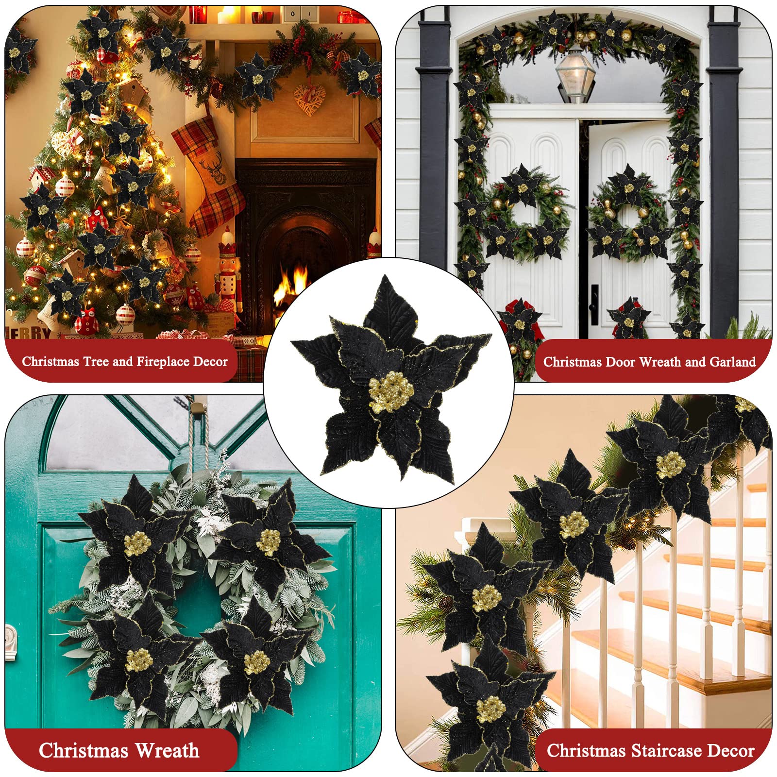 SHACOS 10 pcs 9.8" Large Glitter Poinsettia Flowers Stems Clips Velvet Fabric Floral Picks Christmas Flowers Christmas Tree Ornaments Wreath Garland Decoration, Black - Image 6