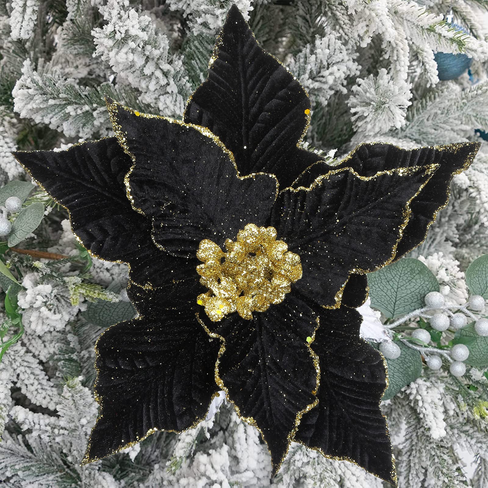 SHACOS 10 pcs 9.8" Large Glitter Poinsettia Flowers Stems Clips Velvet Fabric Floral Picks Christmas Flowers Christmas Tree Ornaments Wreath Garland Decoration, Black - Image 7