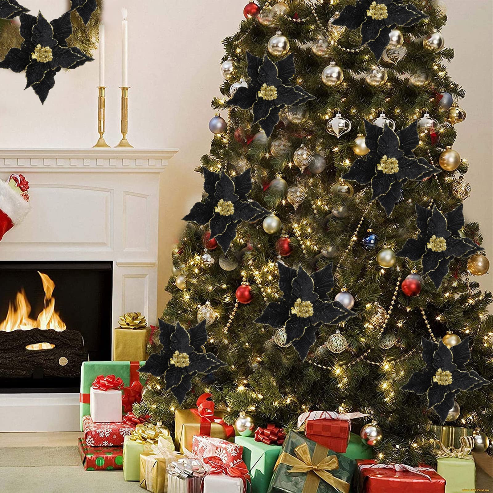 SHACOS 10 pcs 9.8" Large Glitter Poinsettia Flowers Stems Clips Velvet Fabric Floral Picks Christmas Flowers Christmas Tree Ornaments Wreath Garland Decoration, Black - Image 8