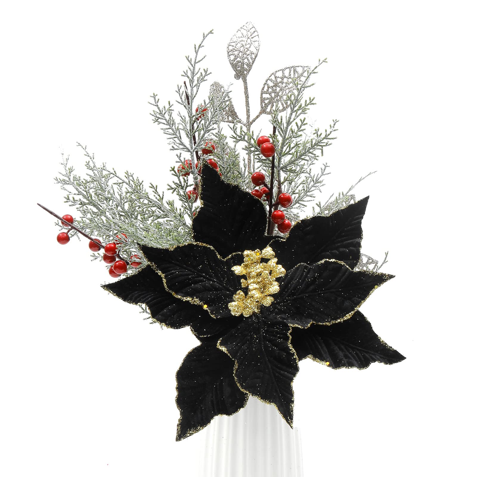 SHACOS 10 pcs 9.8" Large Glitter Poinsettia Flowers Stems Clips Velvet Fabric Floral Picks Christmas Flowers Christmas Tree Ornaments Wreath Garland Decoration, Black - Image 9