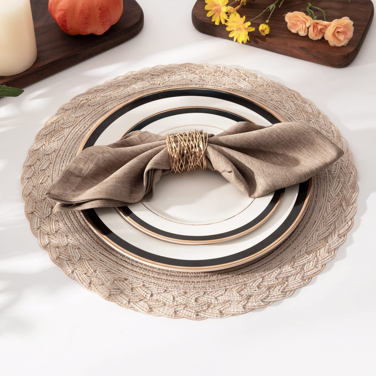 SHACOS 15 inch Round Placemats Set of 6 Boho Woven Braided Border Table Mats Washable Heat Resistant Circle Place Mats for Dining Table, Beige - Image 6