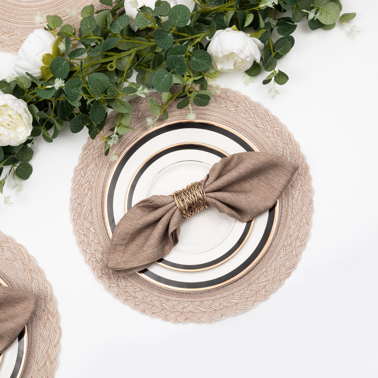 SHACOS 15 inch Round Placemats Set of 6 Boho Woven Braided Border Table Mats Washable Heat Resistant Circle Place Mats for Dining Table, Beige - Image 8