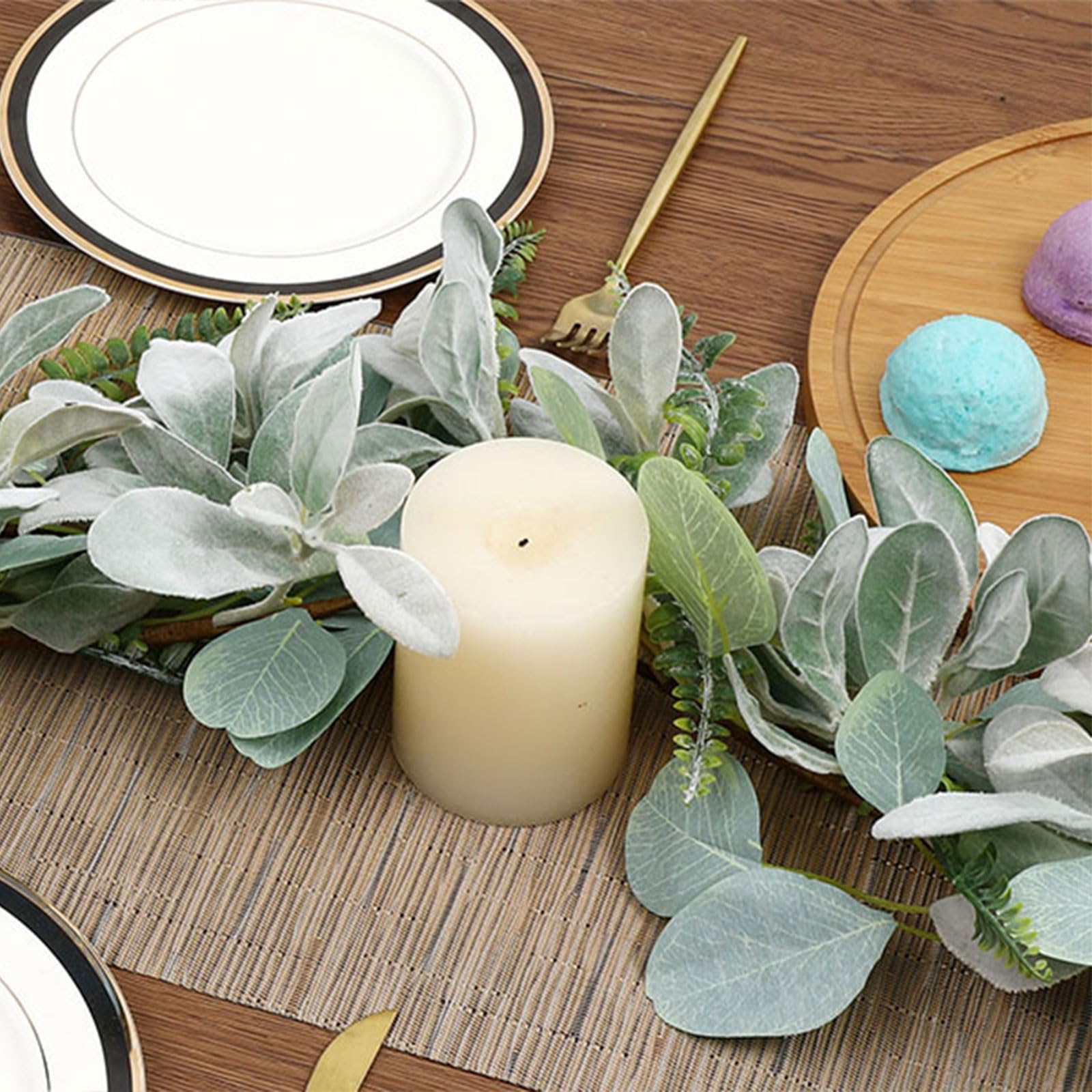 SHACOS 2 Pack 11.8 ft Artificial Flocked Lambs Ear Garland Eucalyptus Fern Leaves Greenery Garland Fake Vines for Mantle Fireplace Door Window Wedding Table Centerpieces Home Decor - Image 4