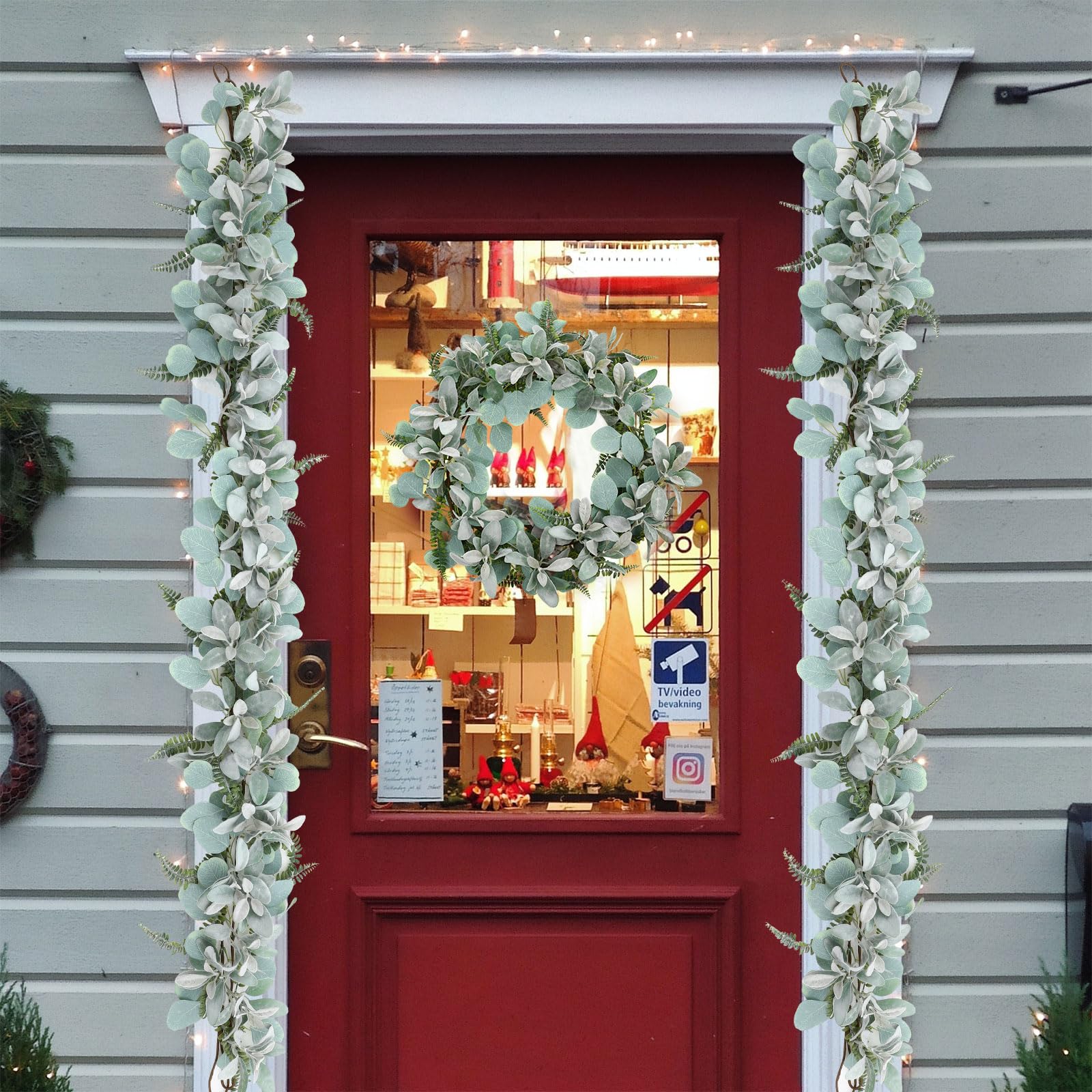 SHACOS 2 Pack 11.8 ft Artificial Flocked Lambs Ear Garland Eucalyptus Fern Leaves Greenery Garland Fake Vines for Mantle Fireplace Door Window Wedding Table Centerpieces Home Decor - Image 5