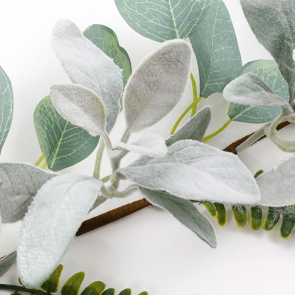 SHACOS 2 Pack 11.8 ft Artificial Flocked Lambs Ear Garland Eucalyptus Fern Leaves Greenery Garland Fake Vines for Mantle Fireplace Door Window Wedding Table Centerpieces Home Decor - Image 6