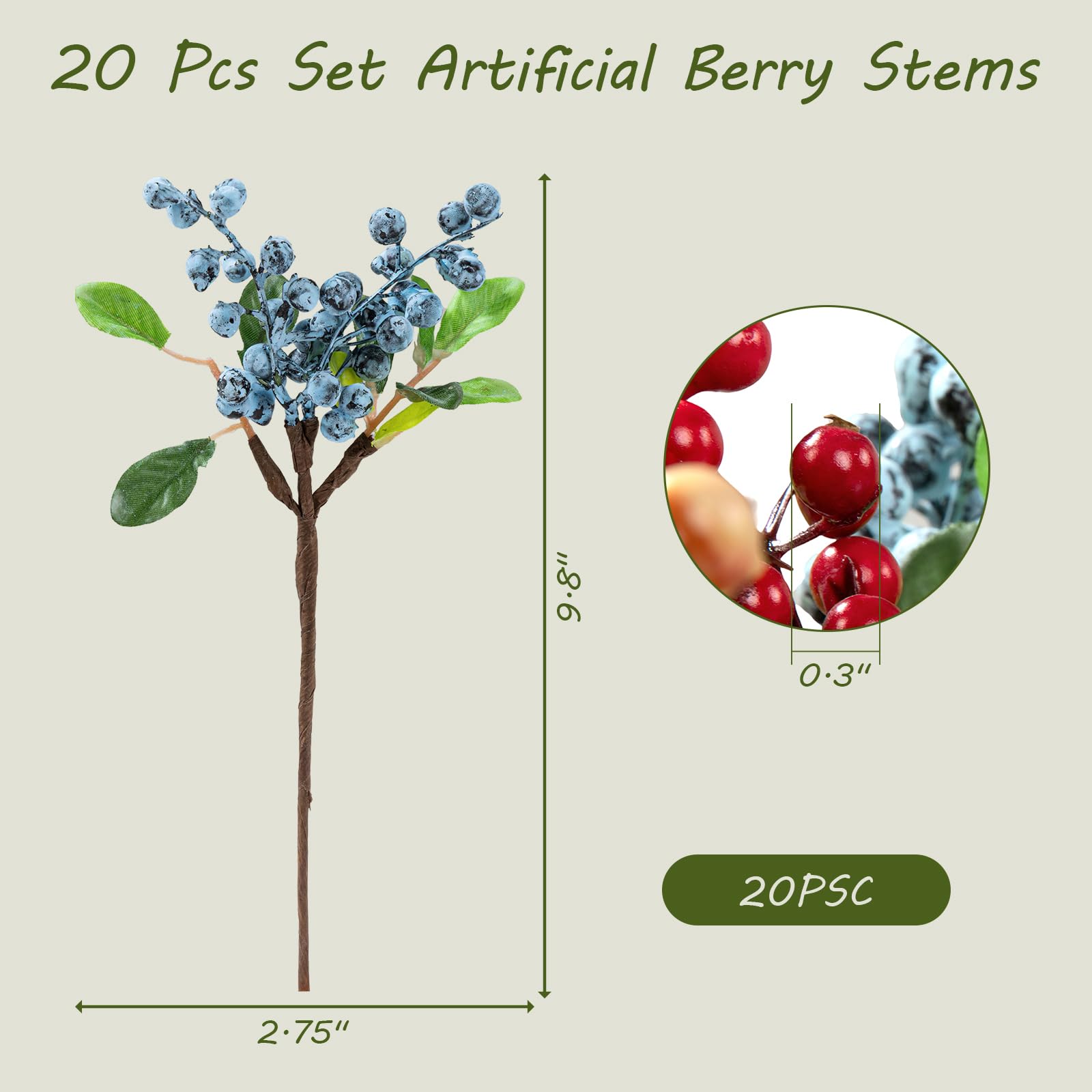 SHACOS 20 PCS Artificial Berry Stems Assorted Mixed Color, Fake Berries Branches Spray with Green Leaves 9.8 inch Small Berry Picks for Floral Crafts Centerpiece Bouquet Filler Home Wedding Decor - Image 3