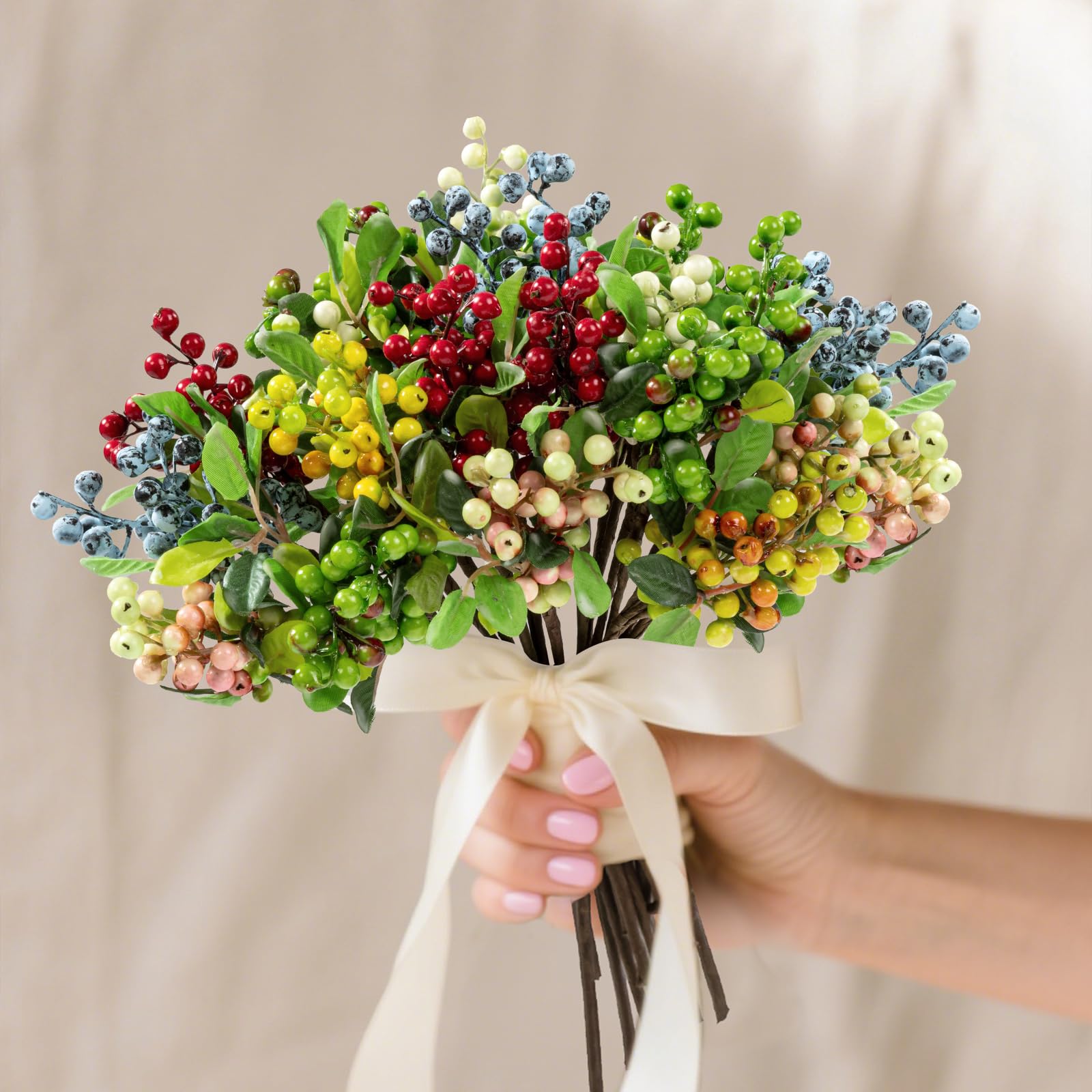 SHACOS 20 PCS Artificial Berry Stems Assorted Mixed Color, Fake Berries Branches Spray with Green Leaves 9.8 inch Small Berry Picks for Floral Crafts Centerpiece Bouquet Filler Home Wedding Decor - Image 6