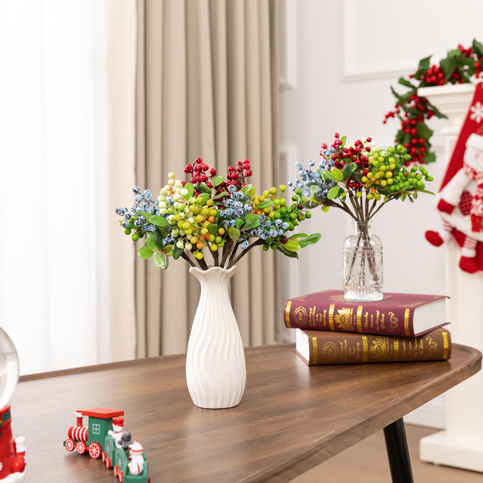 SHACOS 20 PCS Artificial Berry Stems Assorted Mixed Color, Fake Berries Branches Spray with Green Leaves 9.8 inch Small Berry Picks for Floral Crafts Centerpiece Bouquet Filler Home Wedding Decor - Image 9