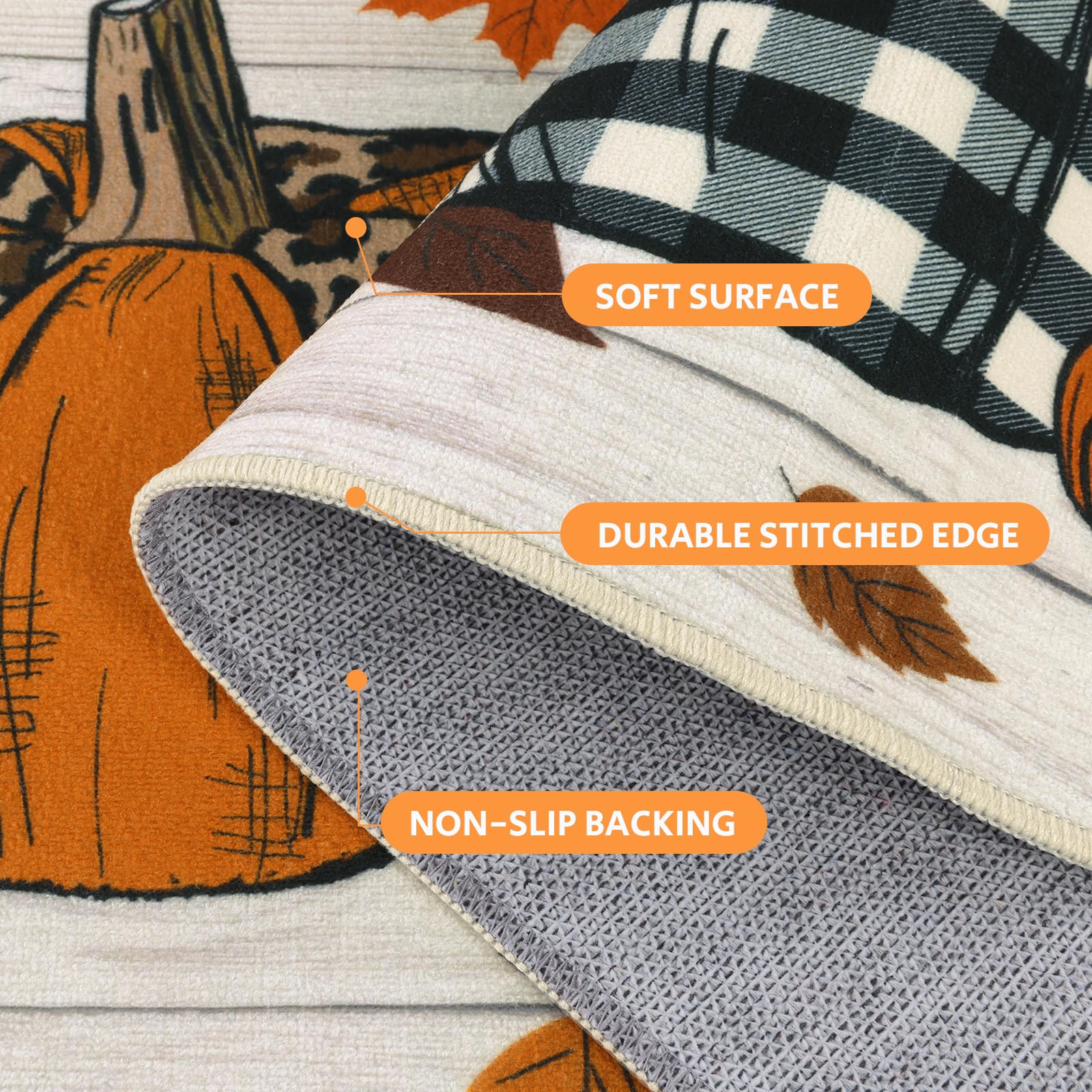 SHACOS 20"x32" Fall Bathroom Rugs Non Slip Washable, Pumpkin Fall Kitchen Rugs Farmhouse Halloween Kitchen Mat, Indoor Door Mats Carpet for Hallway Entryway Laundry Room Autumn Home Decor - Image 3