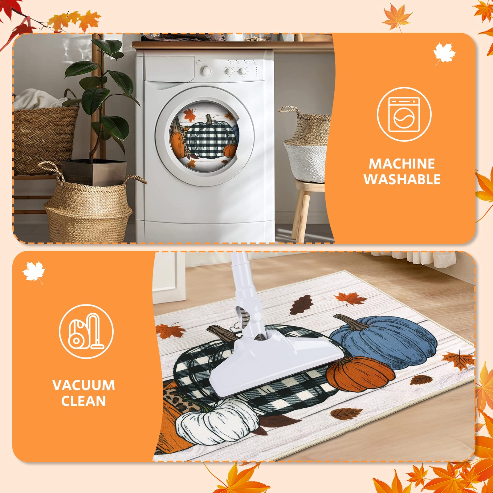SHACOS 20"x32" Fall Bathroom Rugs Non Slip Washable, Pumpkin Fall Kitchen Rugs Farmhouse Halloween Kitchen Mat, Indoor Door Mats Carpet for Hallway Entryway Laundry Room Autumn Home Decor - Image 6