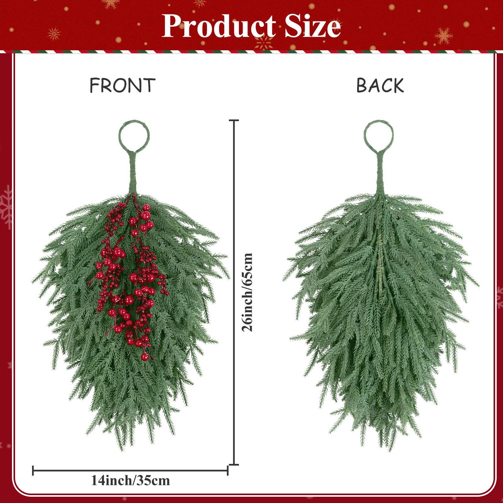 SHACOS 24 inch Christmas Norfolk Teardrop Swags with Red Berry Artificial Greenery Pine Teardrop Door Swag for Front Door Window Mantle Fireplace Xmas Holiday Indoor Outdoor Decor - Image 3