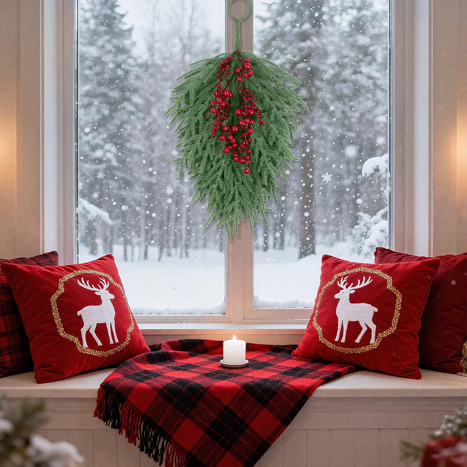 SHACOS 24 inch Christmas Norfolk Teardrop Swags with Red Berry Artificial Greenery Pine Teardrop Door Swag for Front Door Window Mantle Fireplace Xmas Holiday Indoor Outdoor Decor - Image 4