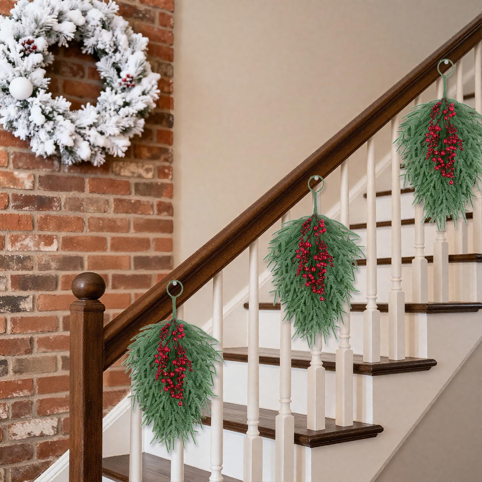 SHACOS 24 inch Christmas Norfolk Teardrop Swags with Red Berry Artificial Greenery Pine Teardrop Door Swag for Front Door Window Mantle Fireplace Xmas Holiday Indoor Outdoor Decor - Image 5