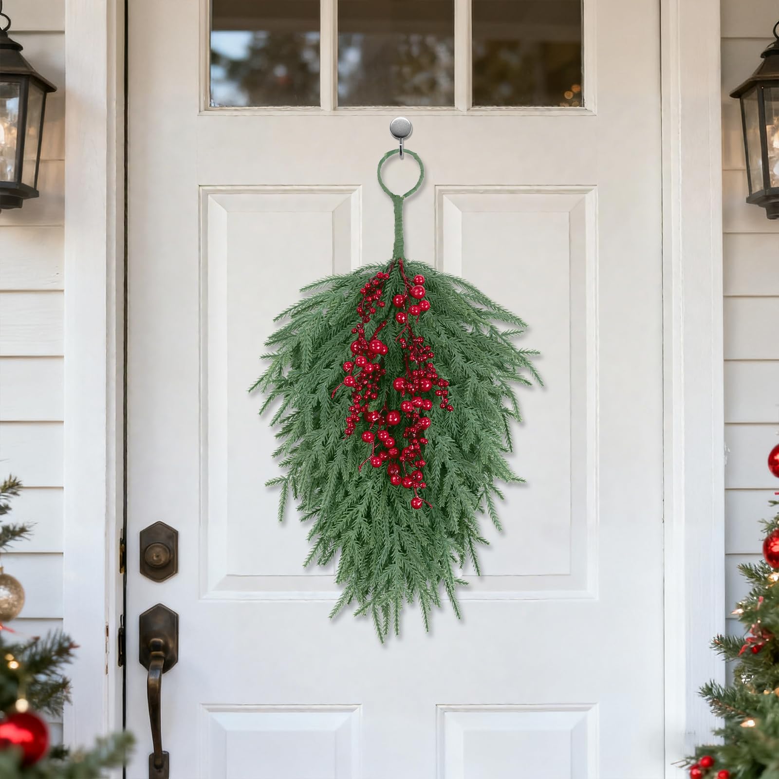 SHACOS 24 inch Christmas Norfolk Teardrop Swags with Red Berry Artificial Greenery Pine Teardrop Door Swag for Front Door Window Mantle Fireplace Xmas Holiday Indoor Outdoor Decor - Image 6