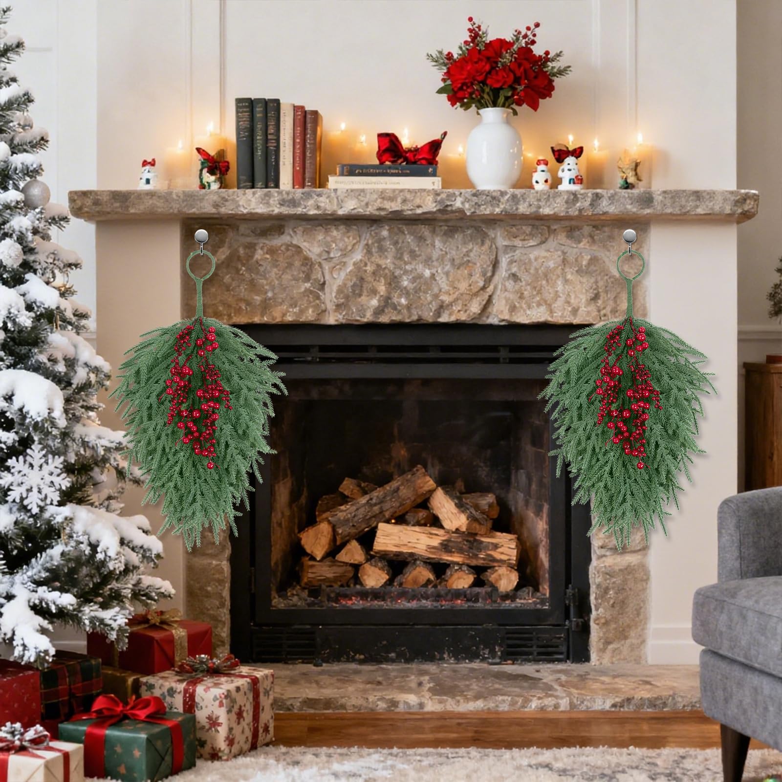 SHACOS 24 inch Christmas Norfolk Teardrop Swags with Red Berry Artificial Greenery Pine Teardrop Door Swag for Front Door Window Mantle Fireplace Xmas Holiday Indoor Outdoor Decor - Image 7