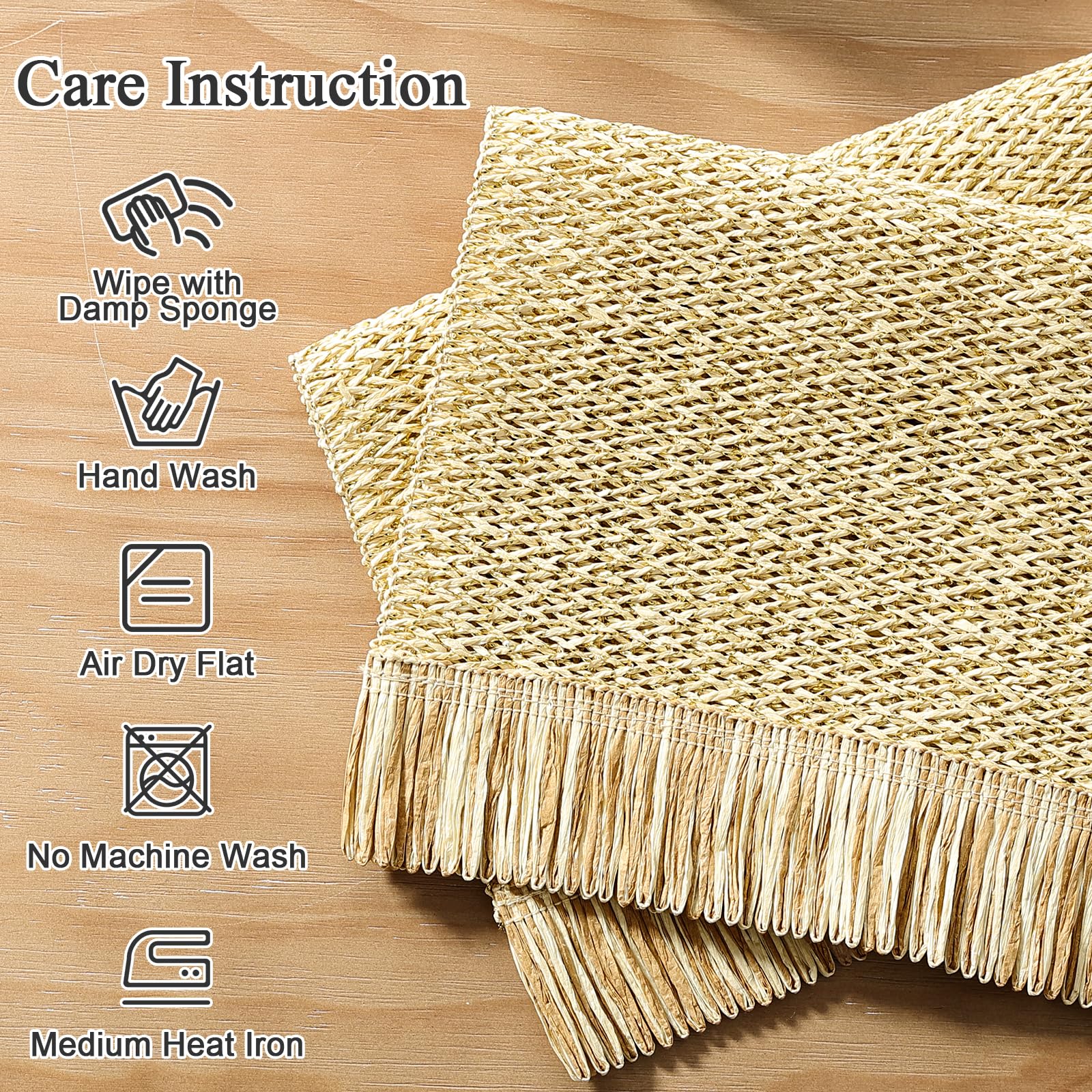 SHACOS 4 PCS Paper Braided Placemats with Tassels Boho Natural Rustic Straw Place Mats for Dinner Wedding Party Beach Farmhouse Table Decoration, Cream Golden - Image 3