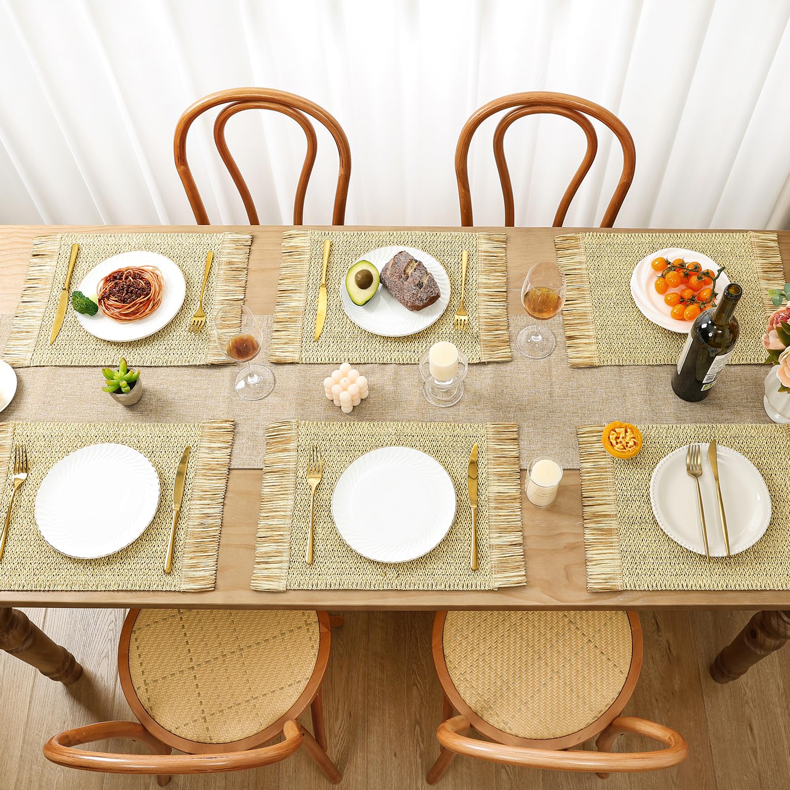 SHACOS 4 PCS Paper Braided Placemats with Tassels Boho Natural Rustic Straw Place Mats for Dinner Wedding Party Beach Farmhouse Table Decoration, Cream Golden - Image 4