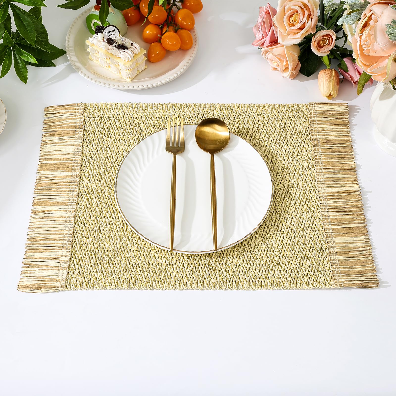 SHACOS 4 PCS Paper Braided Placemats with Tassels Boho Natural Rustic Straw Place Mats for Dinner Wedding Party Beach Farmhouse Table Decoration, Cream Golden - Image 5