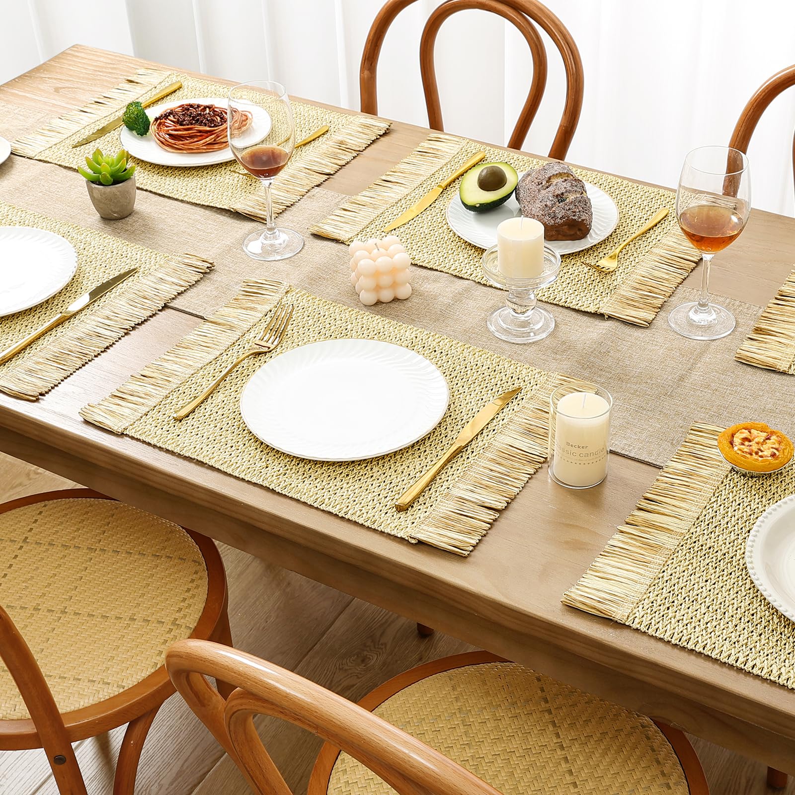 SHACOS 4 PCS Paper Braided Placemats with Tassels Boho Natural Rustic Straw Place Mats for Dinner Wedding Party Beach Farmhouse Table Decoration, Cream Golden - Image 6