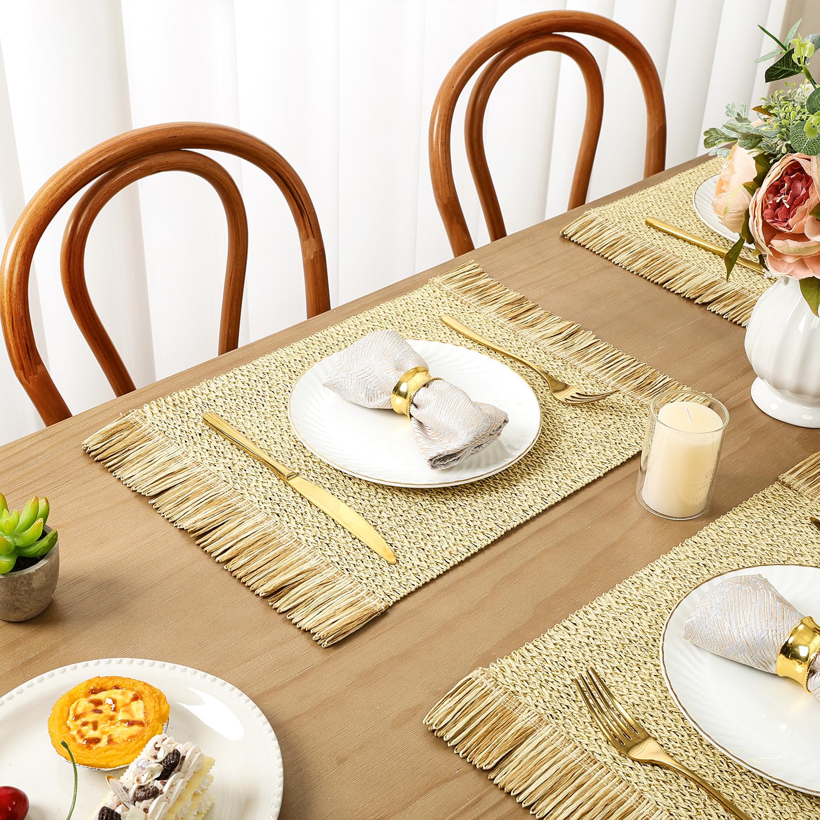 SHACOS 4 PCS Paper Braided Placemats with Tassels Boho Natural Rustic Straw Place Mats for Dinner Wedding Party Beach Farmhouse Table Decoration, Cream Golden - Image 8