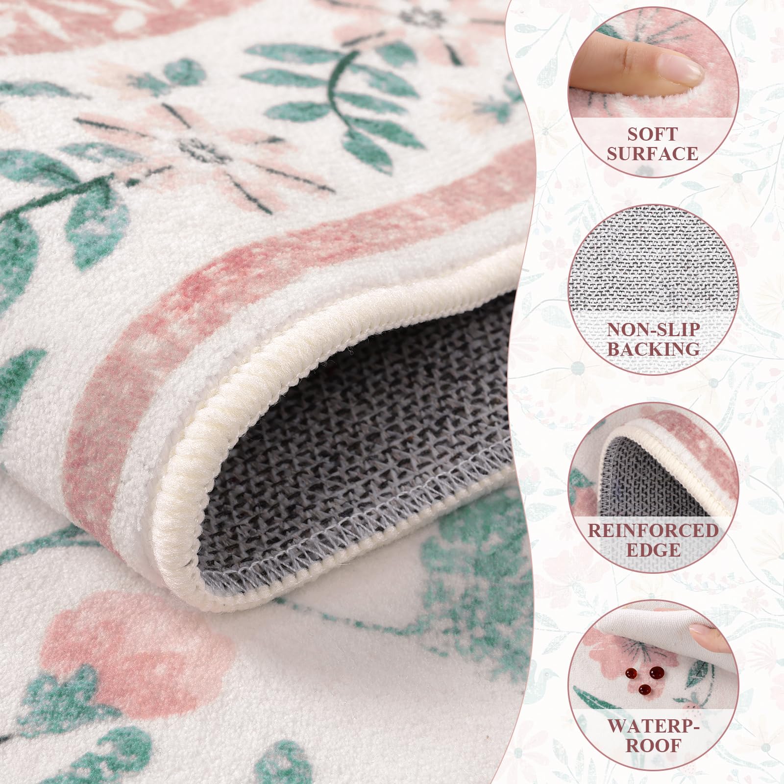 SHACOS 4x6 Boho Area Rugs for Living Room, Machine Washable Floral Carpet for Bedroom Non Slip Soft Nursery Rugs for Kids Room Dining Room Entryway Indoor, Pink - Image 3