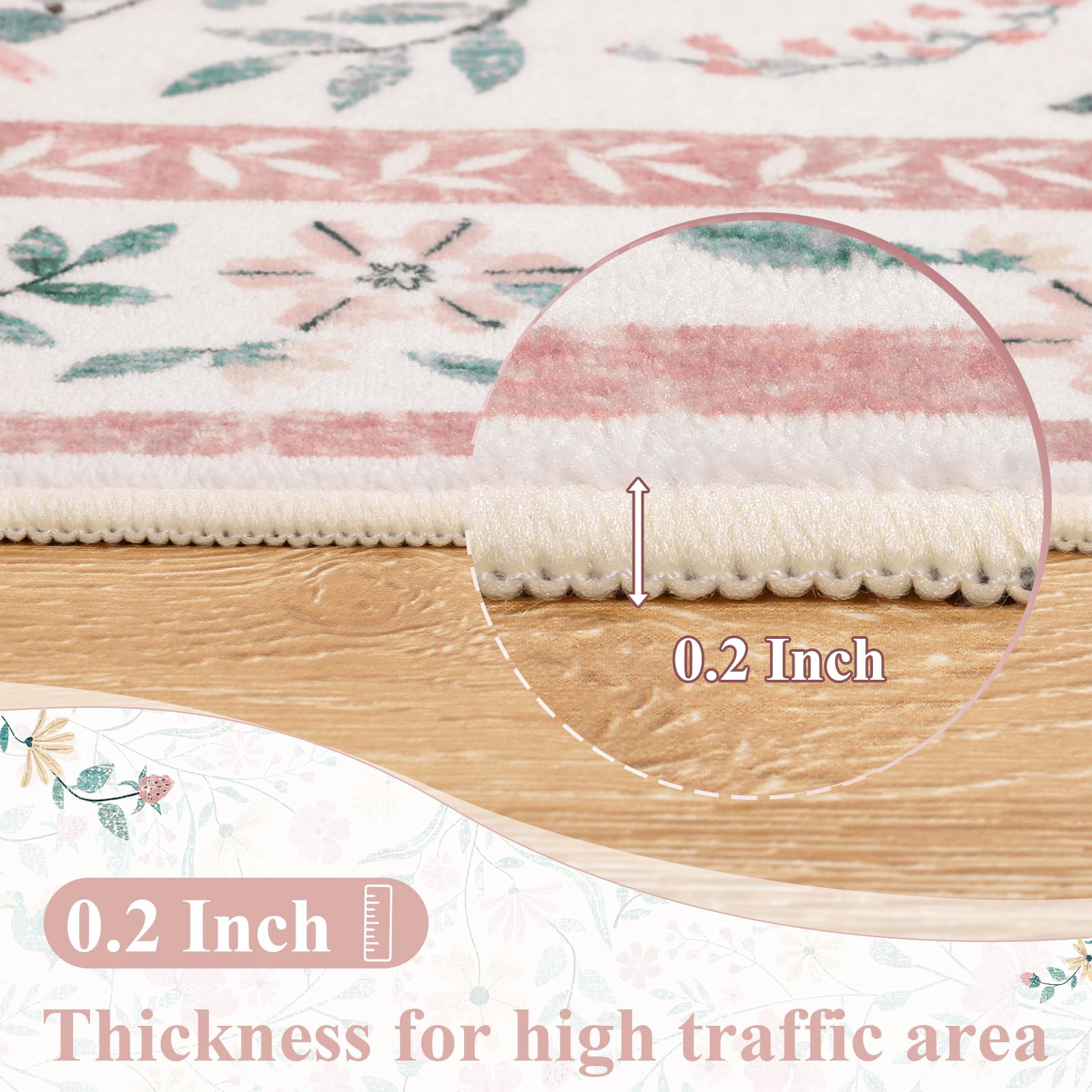SHACOS 4x6 Boho Area Rugs for Living Room, Machine Washable Floral Carpet for Bedroom Non Slip Soft Nursery Rugs for Kids Room Dining Room Entryway Indoor, Pink - Image 4