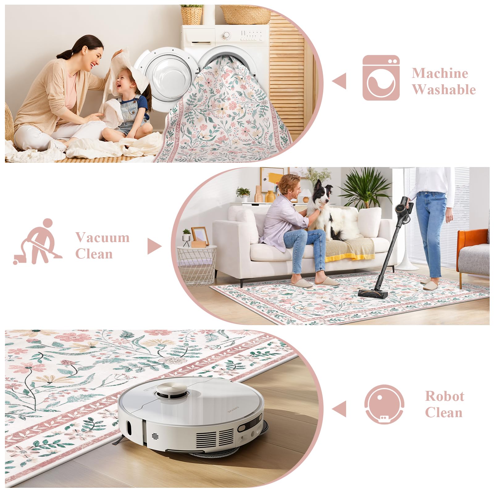 SHACOS 4x6 Boho Area Rugs for Living Room, Machine Washable Floral Carpet for Bedroom Non Slip Soft Nursery Rugs for Kids Room Dining Room Entryway Indoor, Pink - Image 5