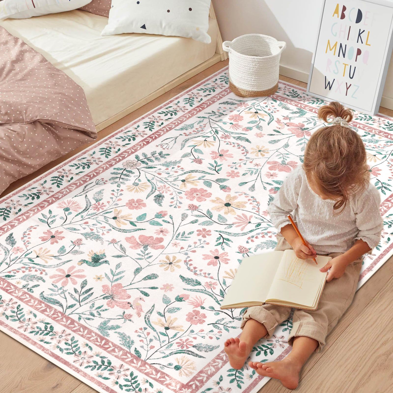 SHACOS 4x6 Boho Area Rugs for Living Room, Machine Washable Floral Carpet for Bedroom Non Slip Soft Nursery Rugs for Kids Room Dining Room Entryway Indoor, Pink - Image 8