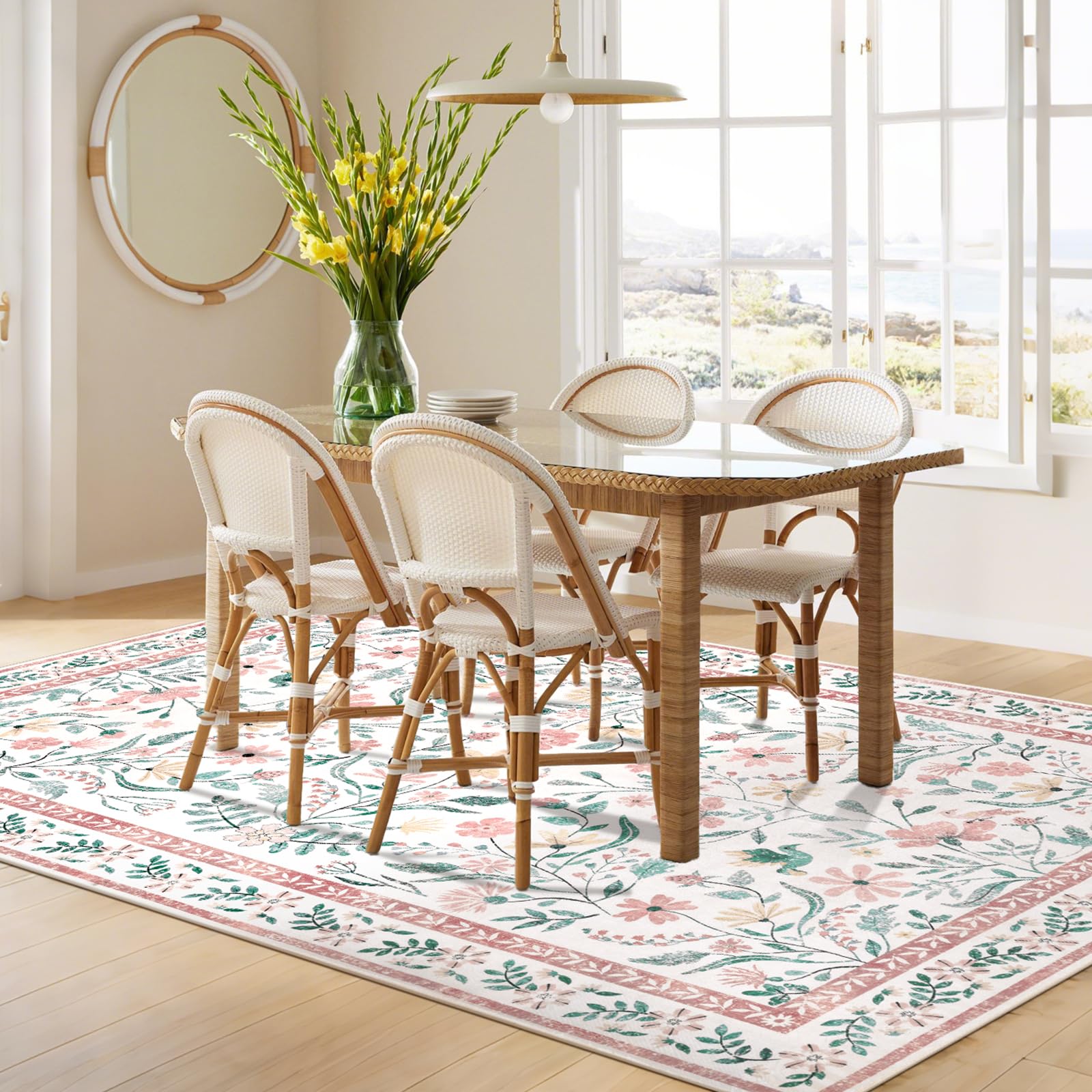 SHACOS 4x6 Boho Area Rugs for Living Room, Machine Washable Floral Carpet for Bedroom Non Slip Soft Nursery Rugs for Kids Room Dining Room Entryway Indoor, Pink - Image 9