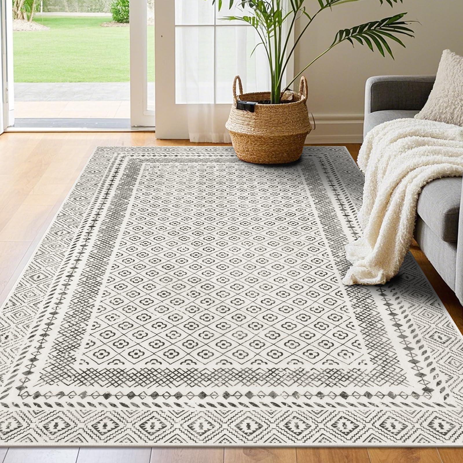 SHACOS 5x7 ft Area Rugs Soft Low Pile Non Slip Washable Rug Floor Mat for Living Room Bedroom Dorm Dining Room, Moroccan Geometric Bordered Rug, Beige Gray - Image 6
