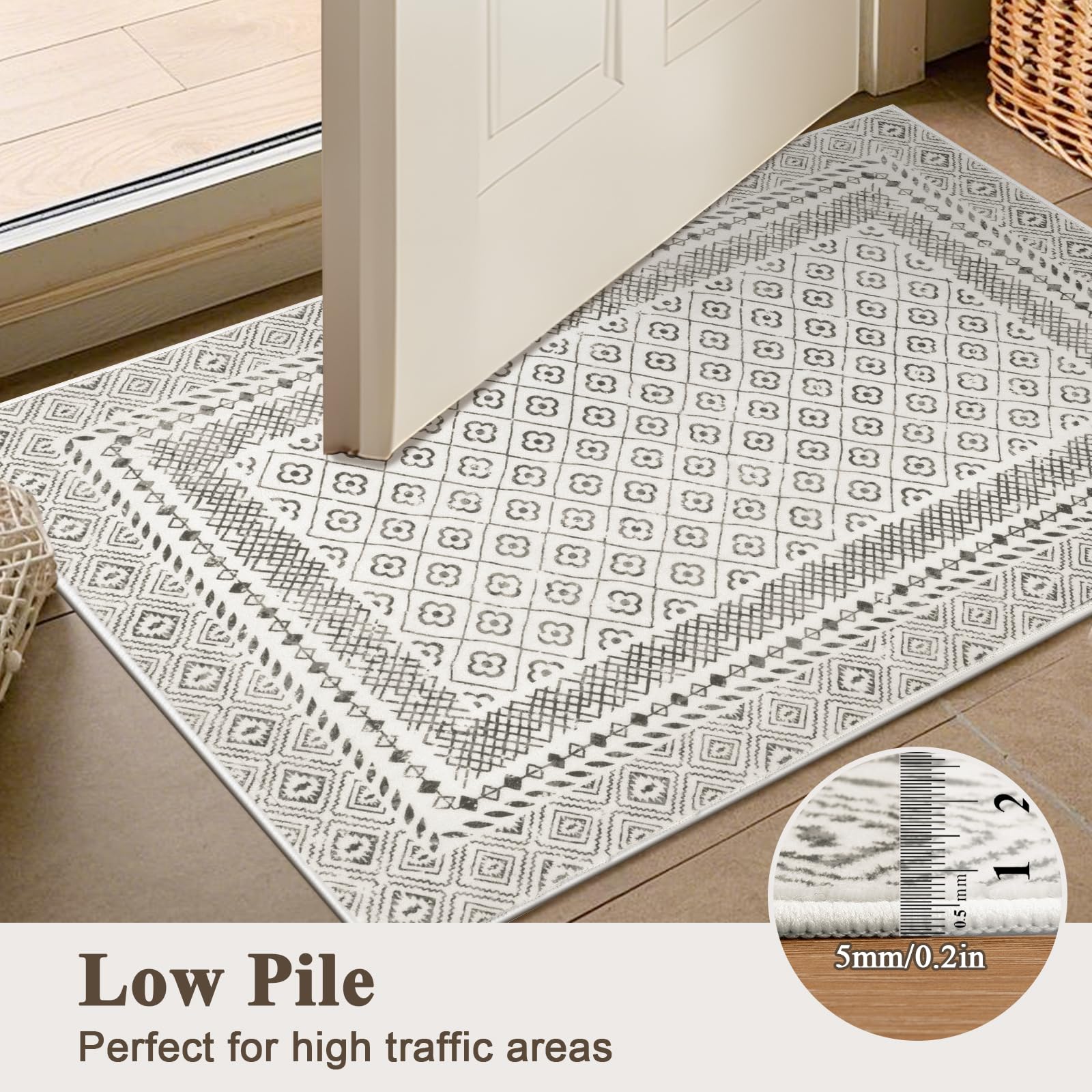 SHACOS 5x7 ft Area Rugs Soft Low Pile Non Slip Washable Rug Floor Mat for Living Room Bedroom Dorm Dining Room, Moroccan Geometric Bordered Rug, Beige Gray - Image 7