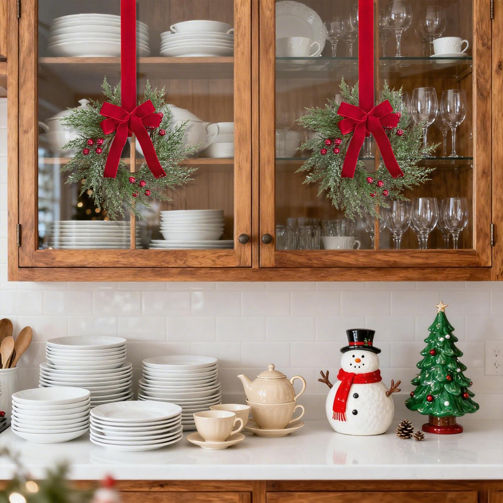 SHACOS 6 Pcs 10" Small Christmas Wreath Christmas Kitchen Cabinet Wreaths Artificial Snowy Pine Wreath for Cabinet Decorations Wreath with Red Berries and Ribbon Bow for Xmas Window Wall Chair Decor - Image 3