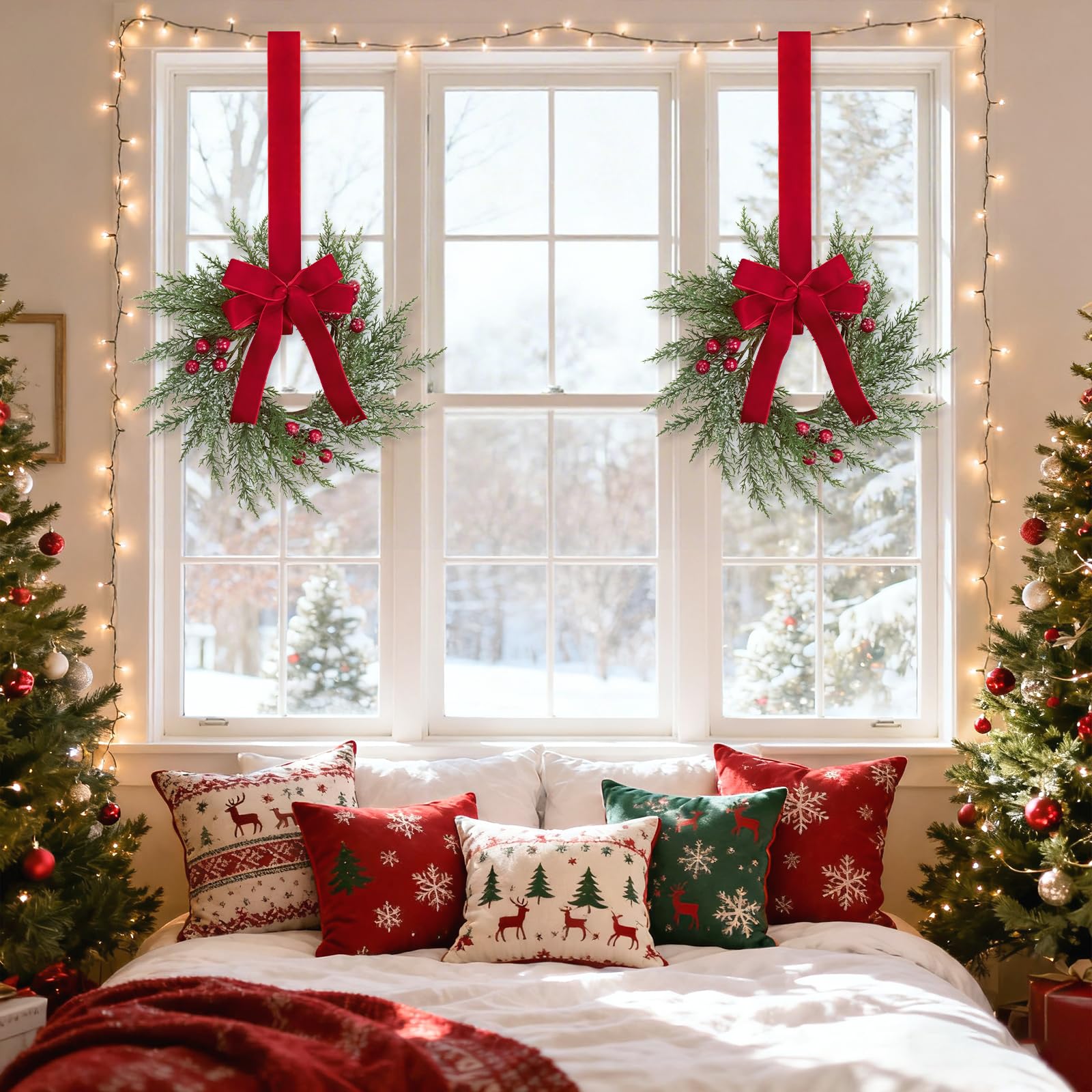 SHACOS 6 Pcs 10" Small Christmas Wreath Christmas Kitchen Cabinet Wreaths Artificial Snowy Pine Wreath for Cabinet Decorations Wreath with Red Berries and Ribbon Bow for Xmas Window Wall Chair Decor - Image 4