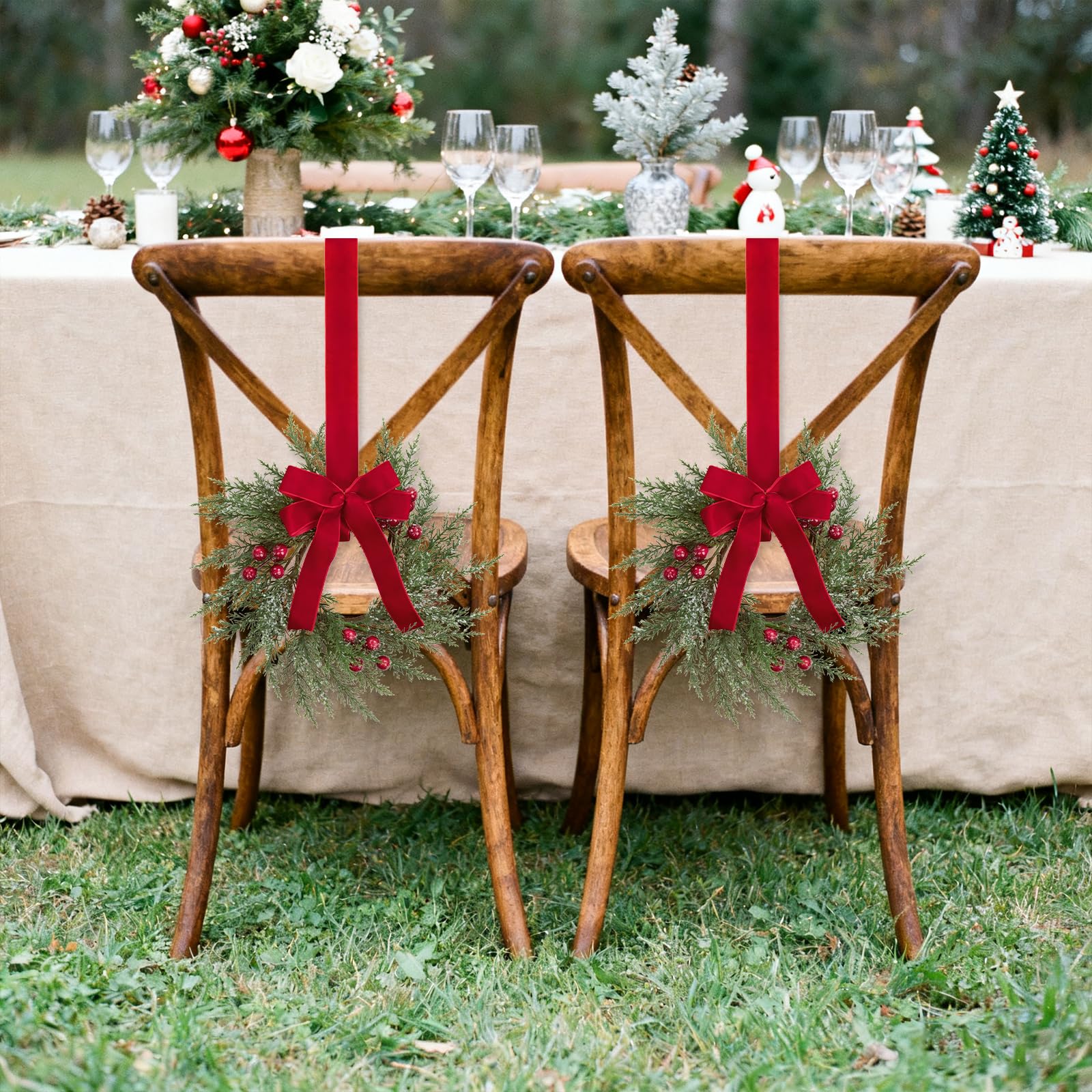 SHACOS 6 Pcs 10" Small Christmas Wreath Christmas Kitchen Cabinet Wreaths Artificial Snowy Pine Wreath for Cabinet Decorations Wreath with Red Berries and Ribbon Bow for Xmas Window Wall Chair Decor - Image 5