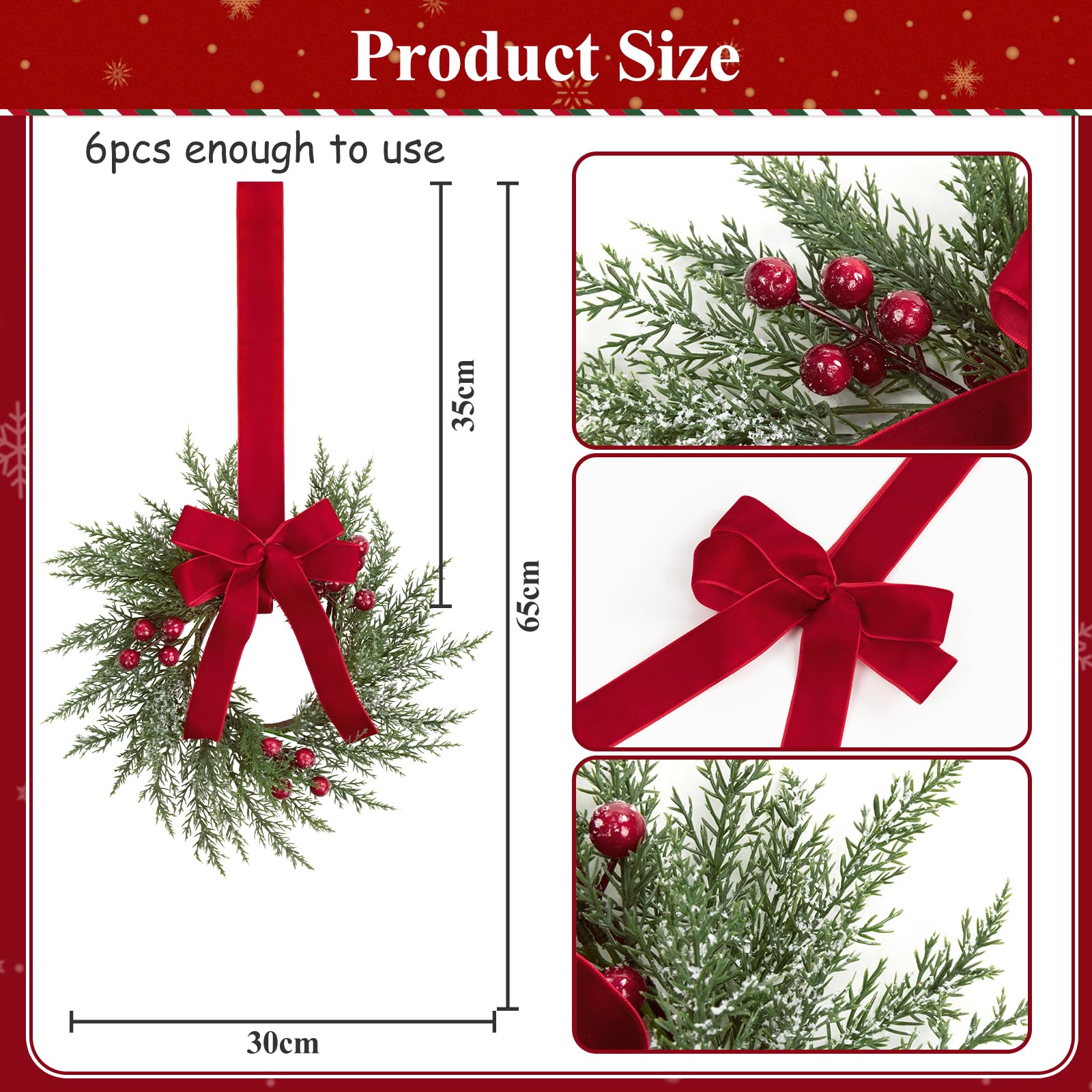 SHACOS 6 Pcs 10" Small Christmas Wreath Christmas Kitchen Cabinet Wreaths Artificial Snowy Pine Wreath for Cabinet Decorations Wreath with Red Berries and Ribbon Bow for Xmas Window Wall Chair Decor - Image 6