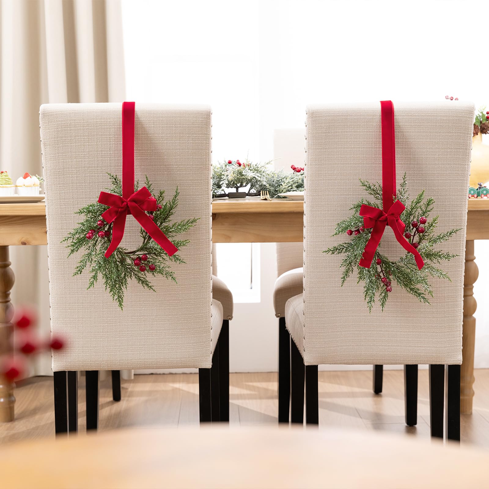 SHACOS 6 Pcs 10" Small Christmas Wreath Christmas Kitchen Cabinet Wreaths Artificial Snowy Pine Wreath for Cabinet Decorations Wreath with Red Berries and Ribbon Bow for Xmas Window Wall Chair Decor - Image 7