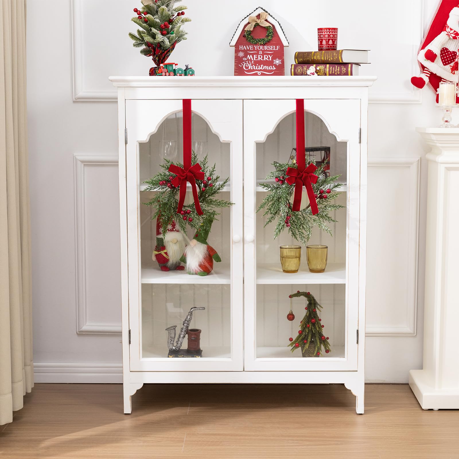 SHACOS 6 Pcs 10" Small Christmas Wreath Christmas Kitchen Cabinet Wreaths Artificial Snowy Pine Wreath for Cabinet Decorations Wreath with Red Berries and Ribbon Bow for Xmas Window Wall Chair Decor - Image 8