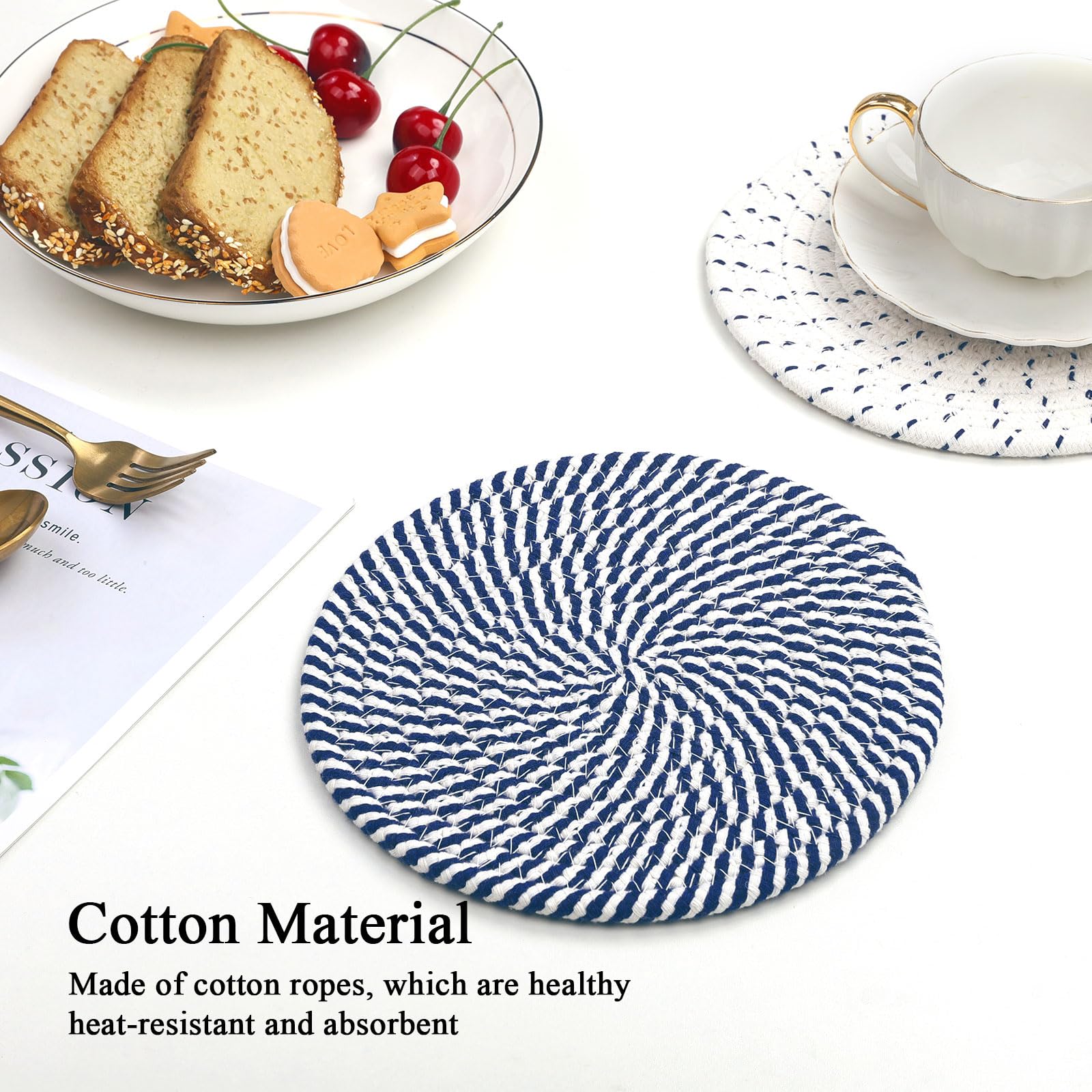 SHACOS 8 Inches Trivets for Hot Dishes, 4 Pieces Cotton Trivets Mats for Kitchen, Hot Pads for Countertops and Table, Heat-Resistant Pot Holders for Hot Pots and Pans(Blue, 4pcs) - Image 4