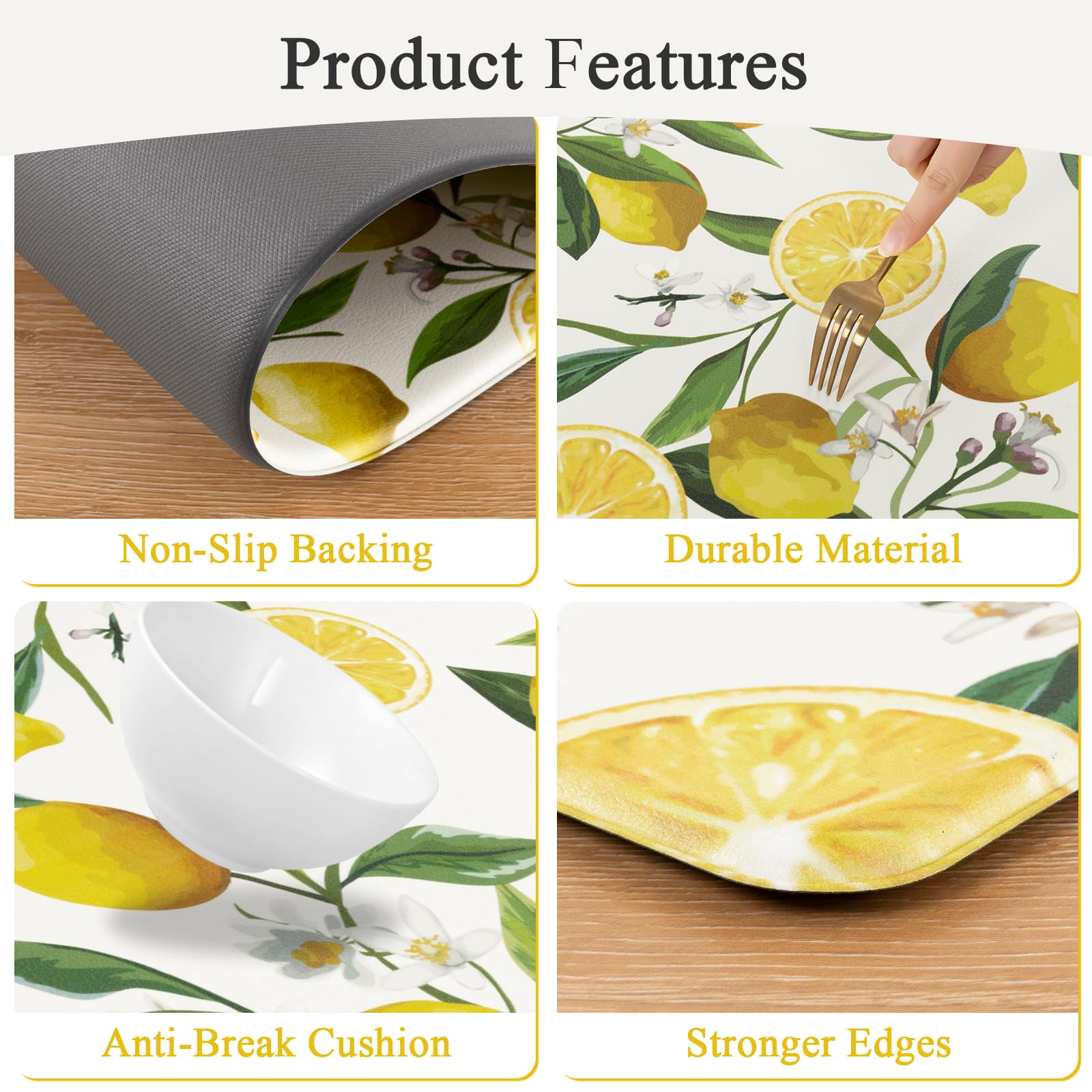 SHACOS Anti Fatigue Lemon Kitchen Rugs Mats Set of 2 Pieces Non Slip Soft Cushioned Wipeable Kitchen Mats for Floor Standing Mats, 17"x27.5"+17"x47", White - Image 3