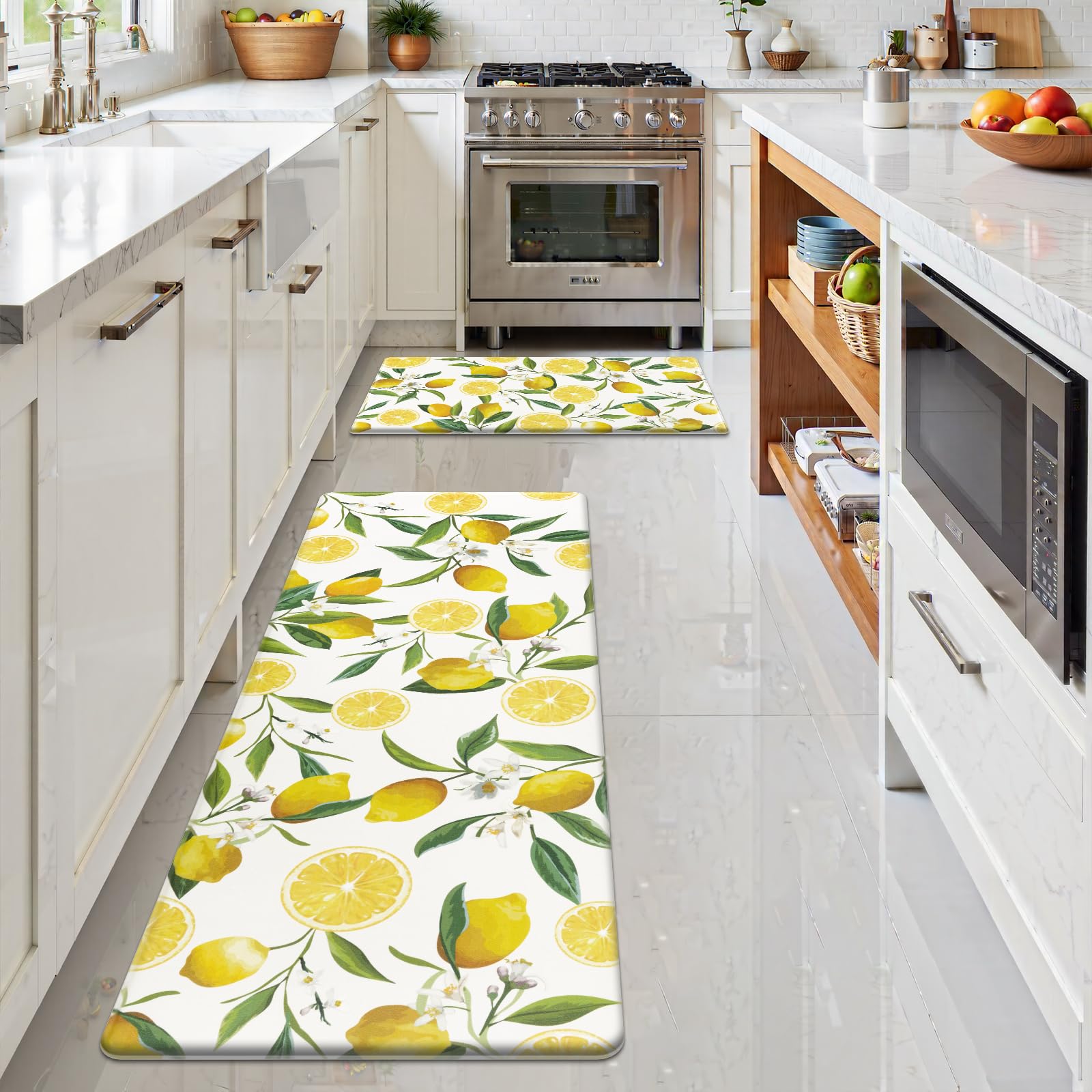 SHACOS Anti Fatigue Lemon Kitchen Rugs Mats Set of 2 Pieces Non Slip Soft Cushioned Wipeable Kitchen Mats for Floor Standing Mats, 17"x27.5"+17"x47", White - Image 4
