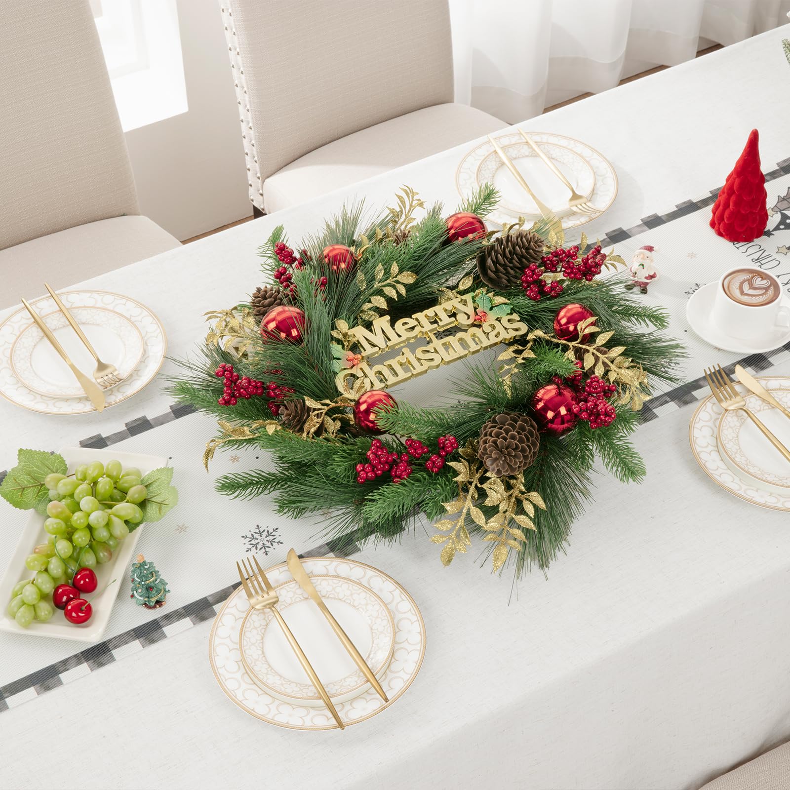 SHACOS Artificial Christmas Wreath 20" Winter Pine Wreath with Merry Christmas Sign Red Berries Christmas Balls Shinny Golden Leaves Xmas Decoration for Front Door Window Wall Holiday Indoor Outdoor - Image 3