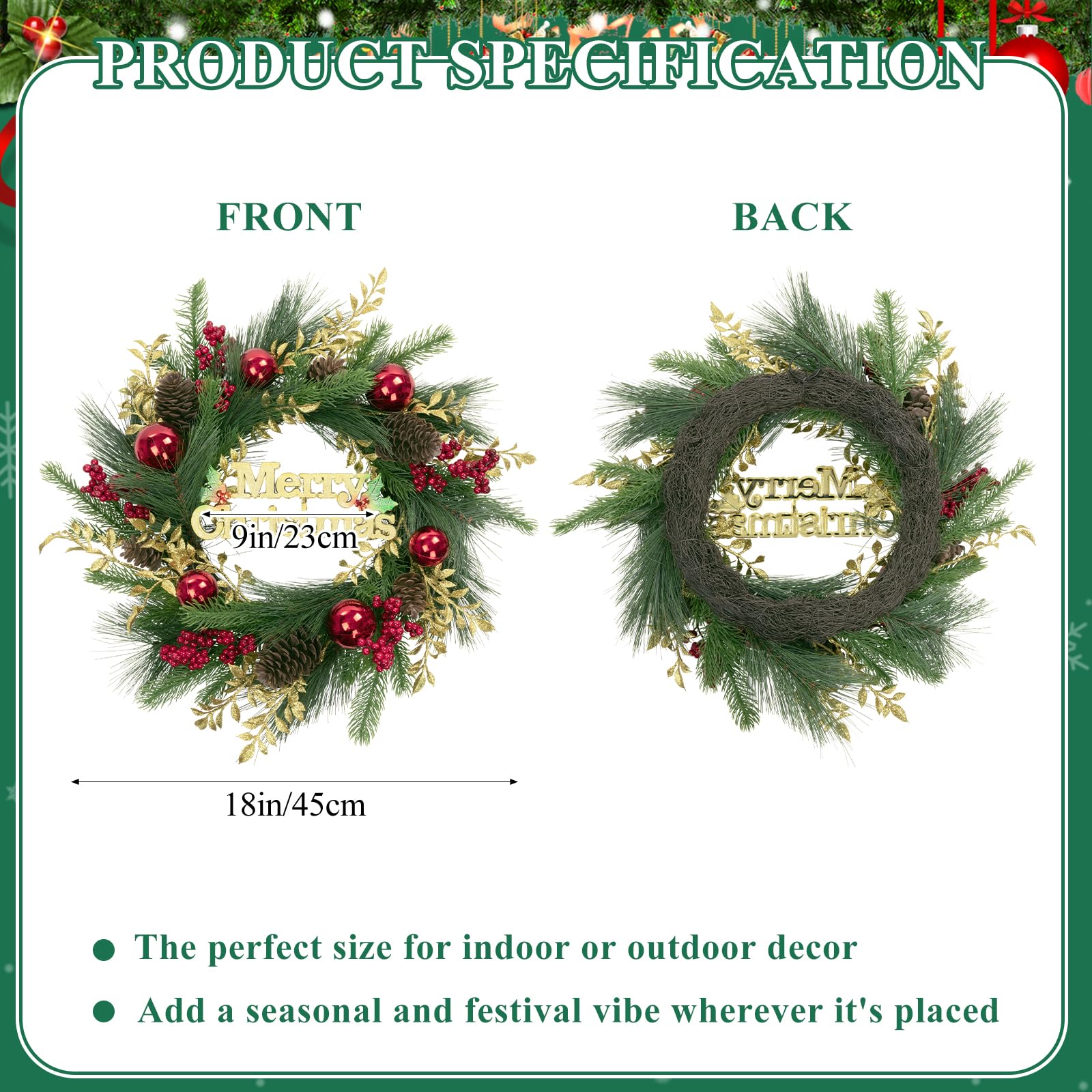 SHACOS Artificial Christmas Wreath 20" Winter Pine Wreath with Merry Christmas Sign Red Berries Christmas Balls Shinny Golden Leaves Xmas Decoration for Front Door Window Wall Holiday Indoor Outdoor - Image 4