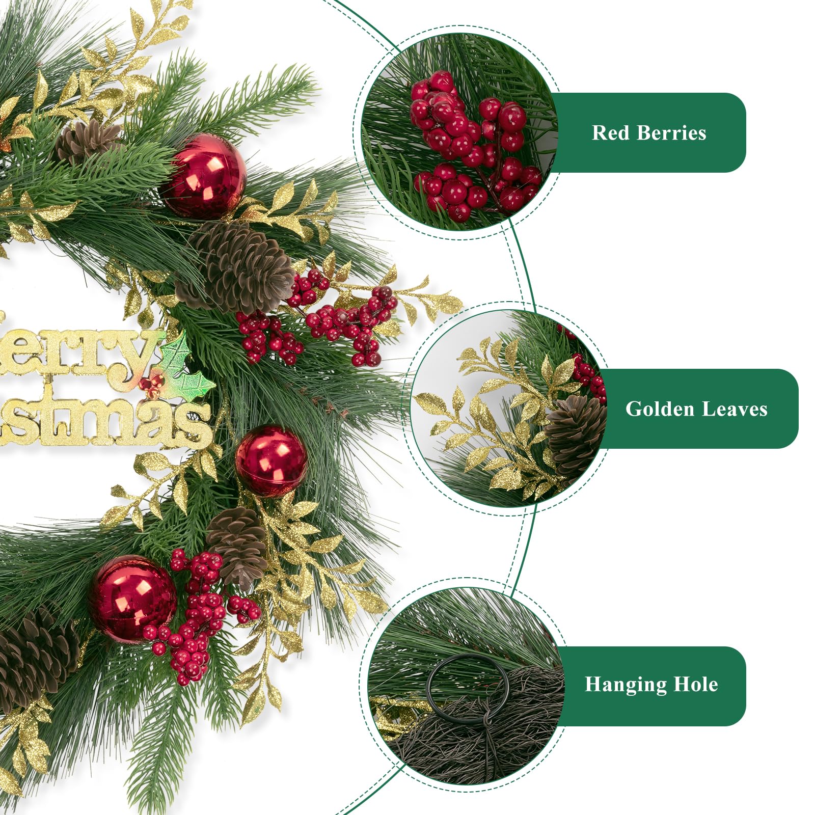 SHACOS Artificial Christmas Wreath 20" Winter Pine Wreath with Merry Christmas Sign Red Berries Christmas Balls Shinny Golden Leaves Xmas Decoration for Front Door Window Wall Holiday Indoor Outdoor - Image 5