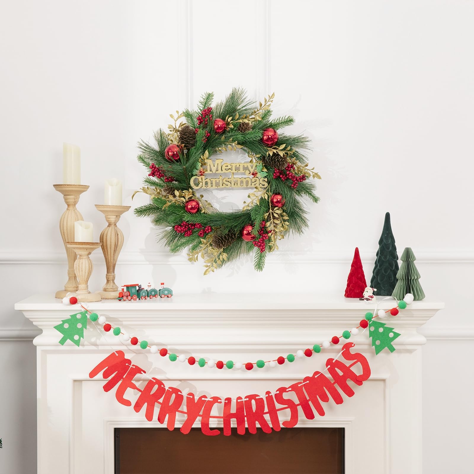 SHACOS Artificial Christmas Wreath 20" Winter Pine Wreath with Merry Christmas Sign Red Berries Christmas Balls Shinny Golden Leaves Xmas Decoration for Front Door Window Wall Holiday Indoor Outdoor - Image 6