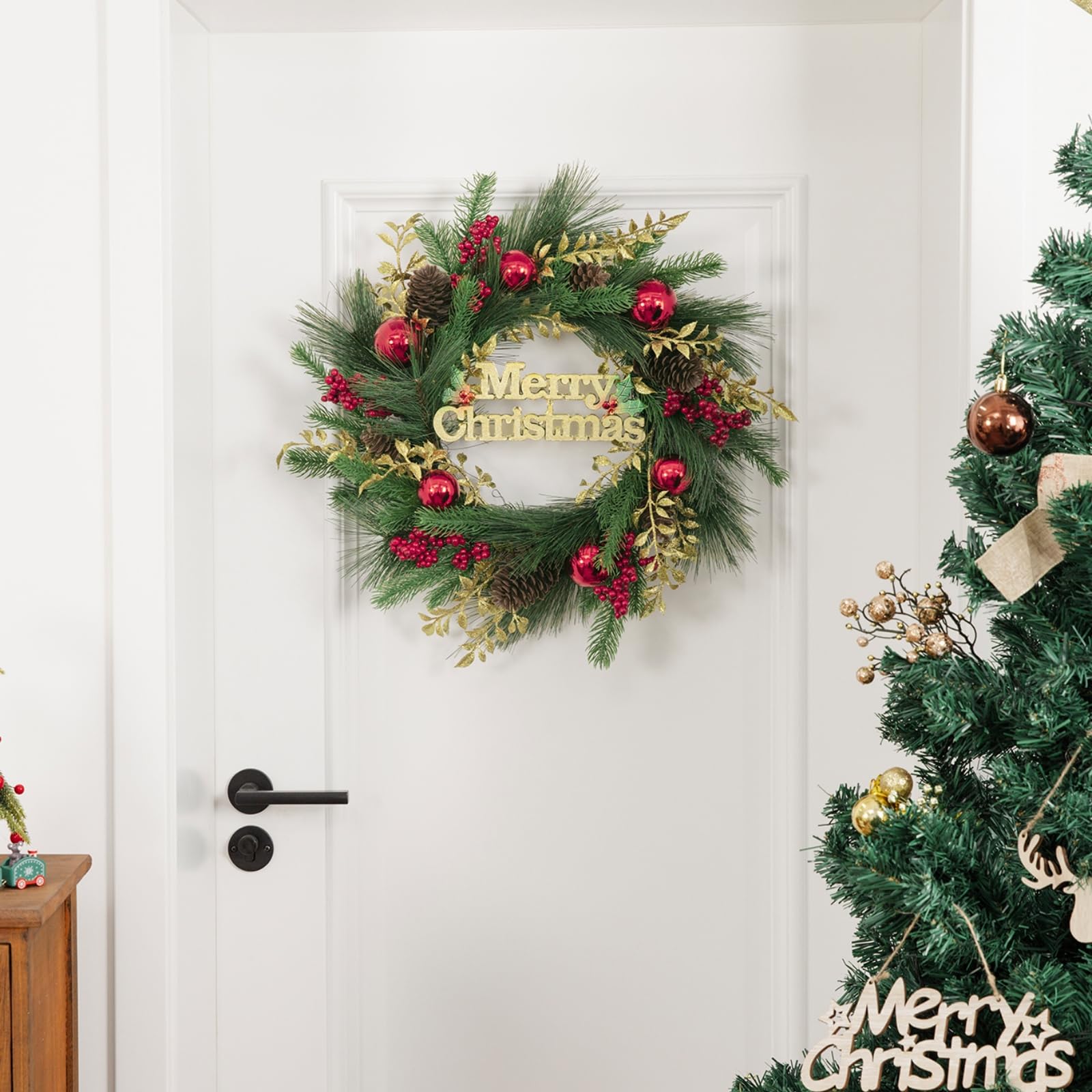 SHACOS Artificial Christmas Wreath 20" Winter Pine Wreath with Merry Christmas Sign Red Berries Christmas Balls Shinny Golden Leaves Xmas Decoration for Front Door Window Wall Holiday Indoor Outdoor - Image 7