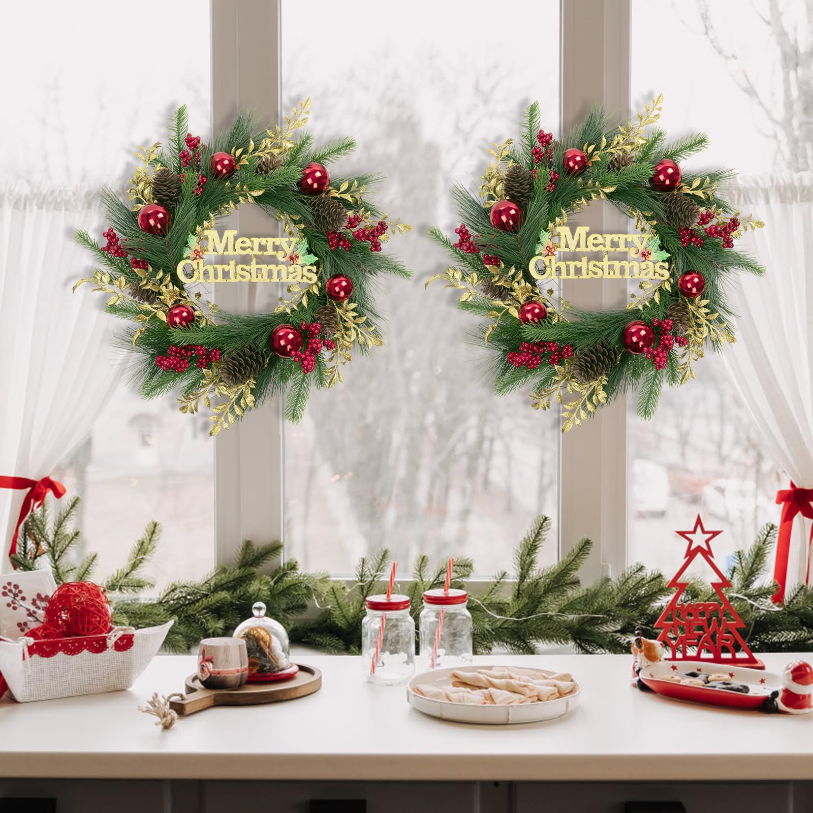 SHACOS Artificial Christmas Wreath 20" Winter Pine Wreath with Merry Christmas Sign Red Berries Christmas Balls Shinny Golden Leaves Xmas Decoration for Front Door Window Wall Holiday Indoor Outdoor - Image 8