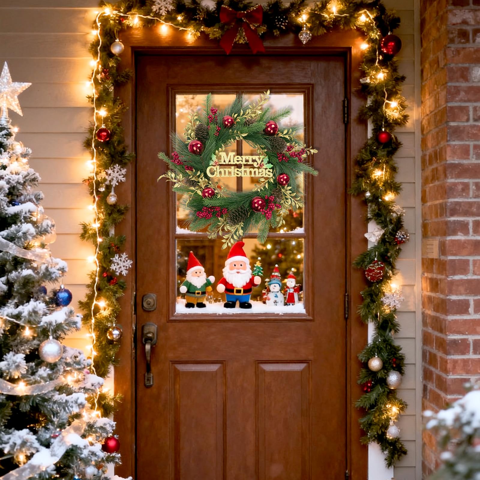 SHACOS Artificial Christmas Wreath 20" Winter Pine Wreath with Merry Christmas Sign Red Berries Christmas Balls Shinny Golden Leaves Xmas Decoration for Front Door Window Wall Holiday Indoor Outdoor - Image 9