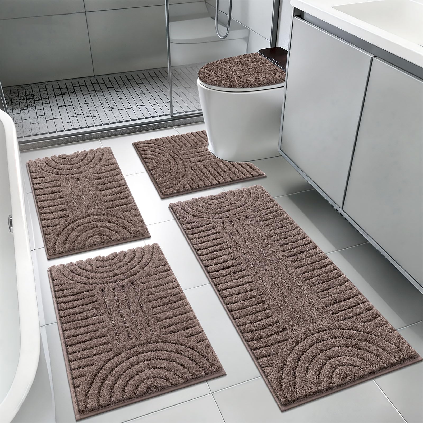 SHACOS Bathroom Rugs Sets 5 Piece Ultra Soft Absorbent Microfiber Bath Mat with Bath Runner, U Shape Contour Rug, Toilet Lid Cover, Non Slip Machine Washable Carpet for Bathroom, Bedroom, Coffee - Image 7